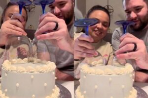 Eles tiveram uma surpresa ao cortar o bolo