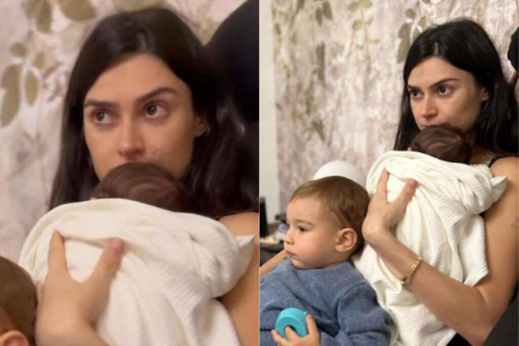 Thaila Ayala surgiu com os dois bebês no colo