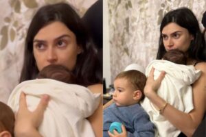 Thaila Ayala surgiu com os dois bebês no colo