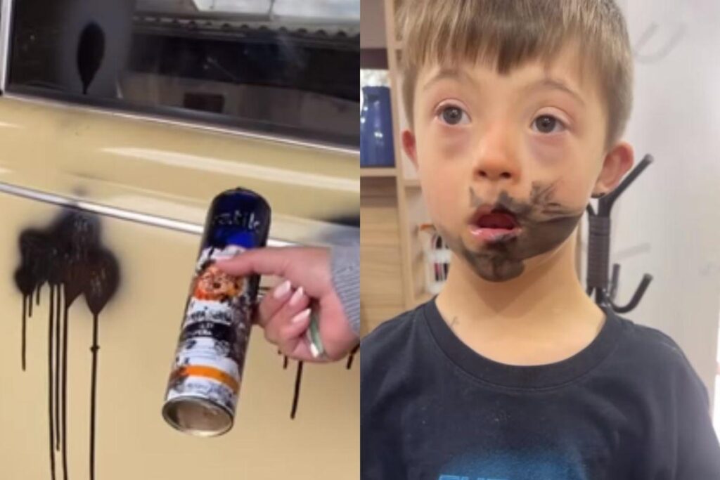 O menino pintou o carro da família