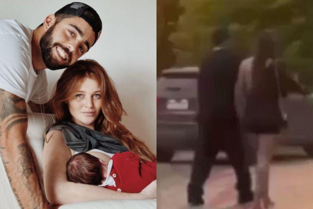 Pedro Scooby e Cintia Dicker com a filha, Aurora, após a alta da UTI