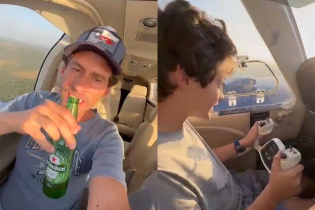 Nas imagens, é possível ver o garoto usando chinelo enquanto pilota o avião e o pai bebendo cerveja