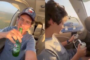 Nas imagens, é possível ver o garoto usando chinelo enquanto pilota o avião e o pai bebendo cerveja