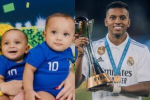 Rodrygo posa com os filhos e familiares em férias no Brasil