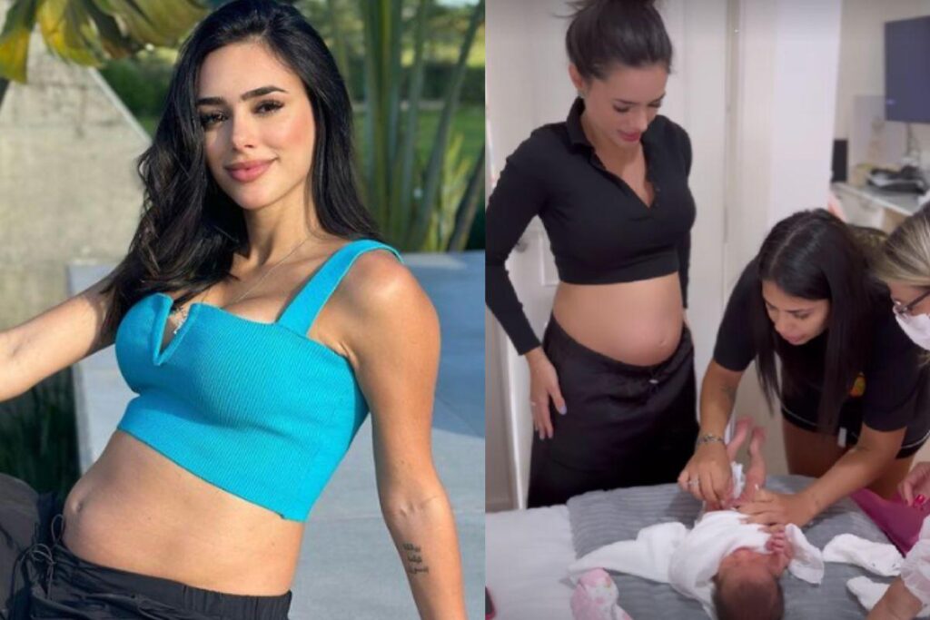 Bruna Biancardi aparece trocando fralda da afilhada: “Aprendendo”