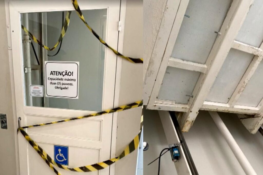 O casal puxou a porta para entrar no elevador direcionado para conduzir cadeirantes