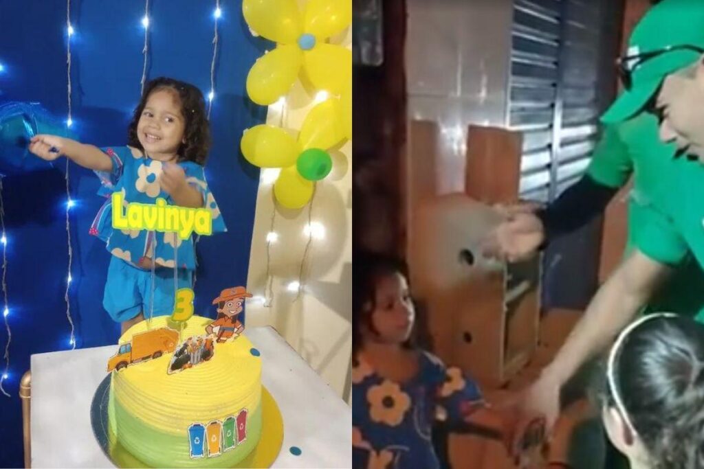 Menina de 3 anos homenageia agentes de limpeza em festa de aniversário