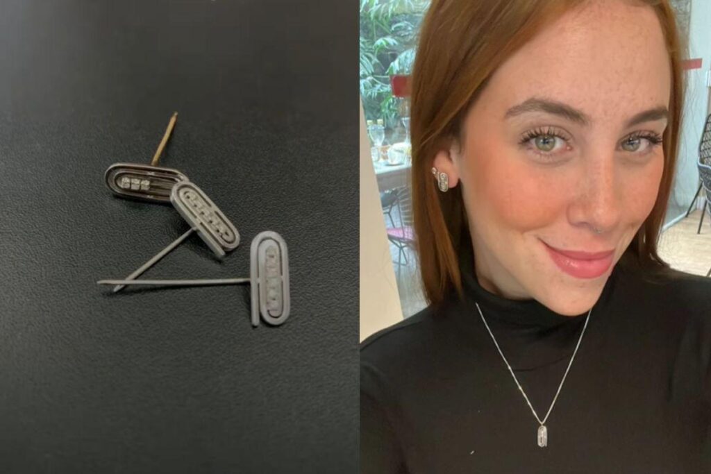 Os broches do pai de Marcella se transformaram em um par de brincos e um colar pelas mãos da ourives Pollyana Mansano