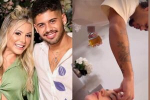 Poliana mostra zé felipe ungindo a esposa