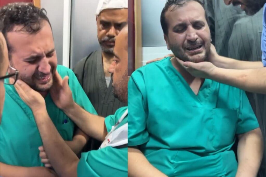 O doutor palestino Fadi Khoudari, que trabalha atendendo pacientes que chegam ao trauma no Hospital Shifa, recebeu os corpos do pai e dos irmãos