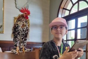 Menina faz tour em cidade com família e galo