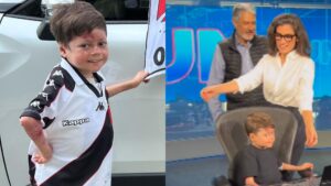 Guilherme Gandra, o "Pequeno Gui", visita estúdio do Jornal Nacional