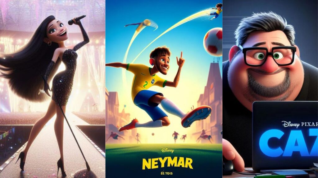 Ivete Sangalo, Neymar e Casimiro em suas versões Pixar, criadas por Inteligência Artificial
