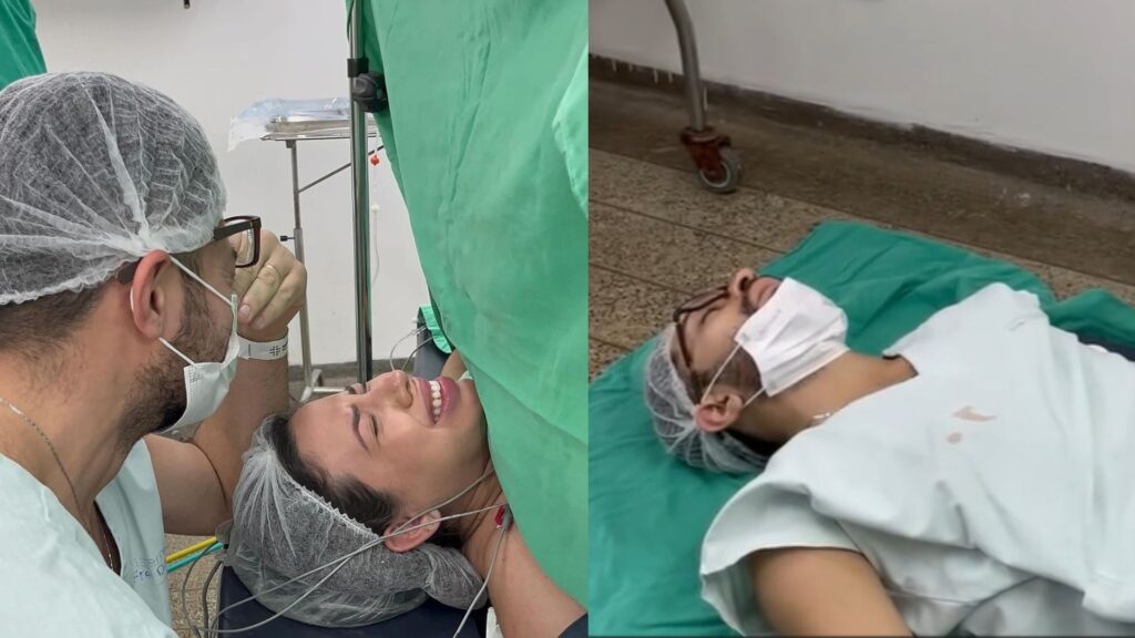 Pai desmaia durante parto do filho