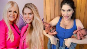 Monique Evans, sua filha Bárbara Evans, e seus netos gêmeos recém-nascidos Álvaro e Antônio