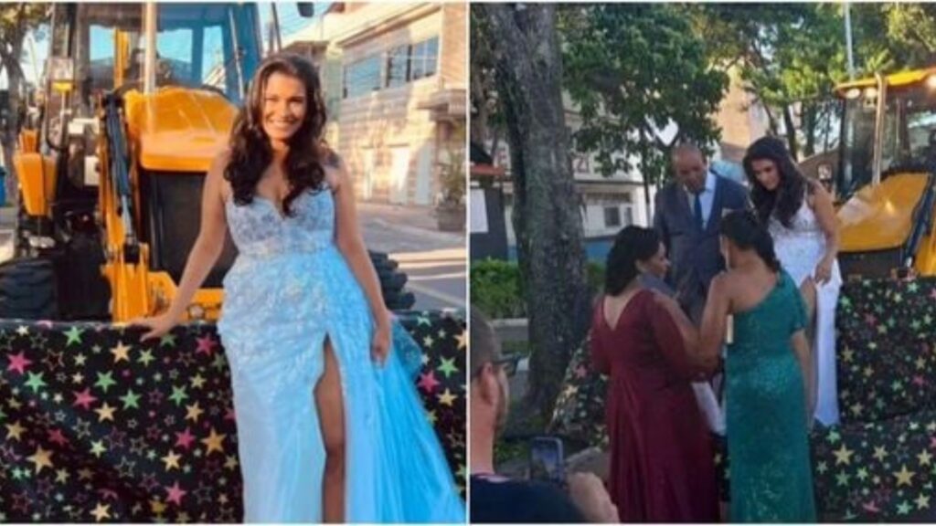 Noiva decide entrar em seu casamento em uma retroescavadeira