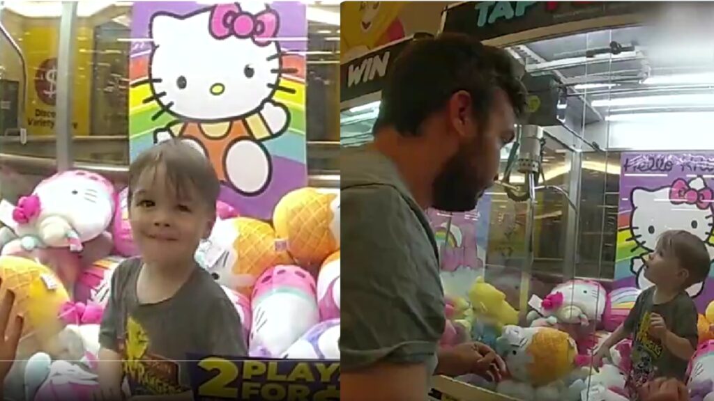 Menino fica preso dentro da máquina de bicho de pelúcia