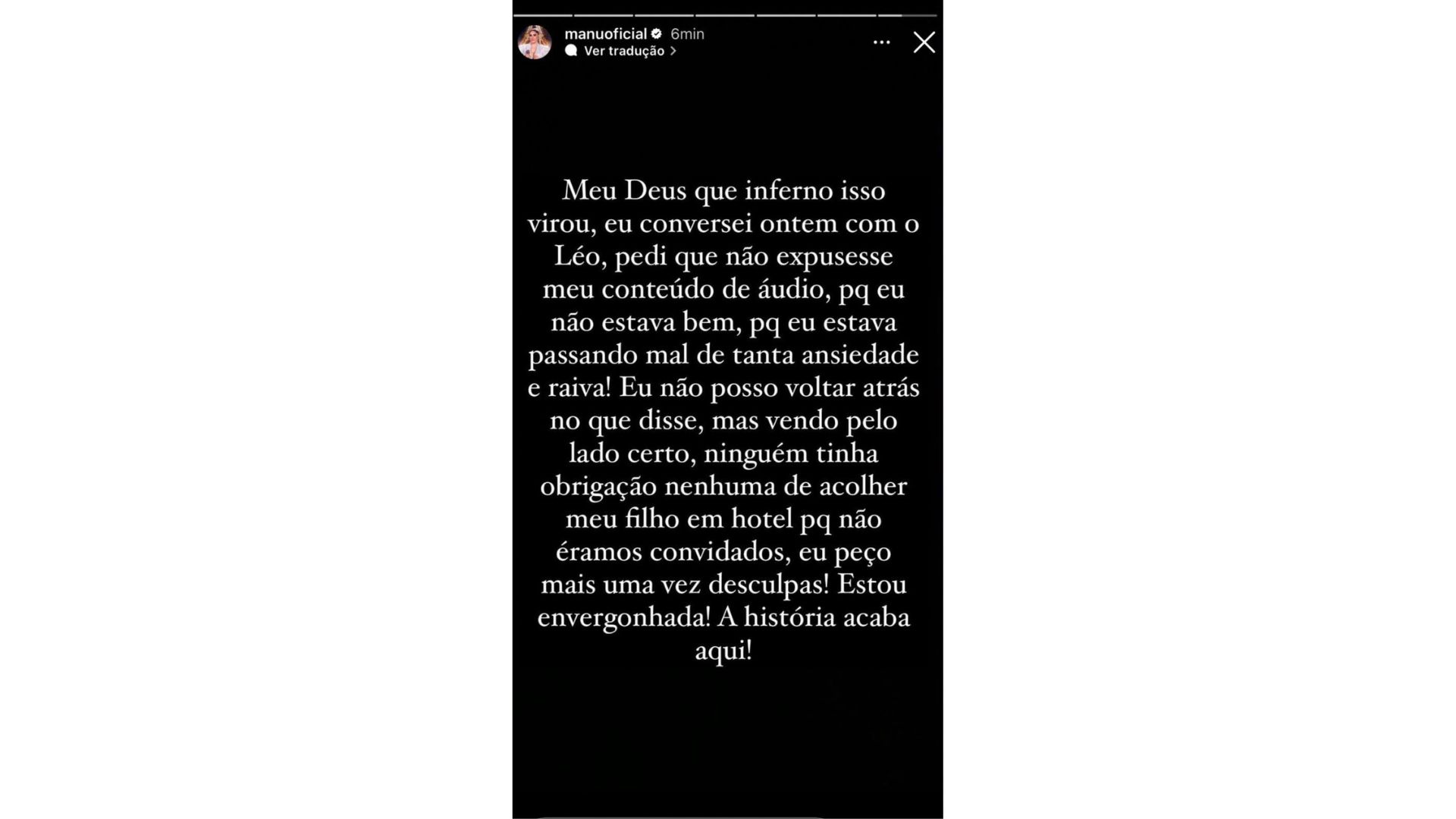 Story Manu Bahtid&atilde;o pedindo desculpas