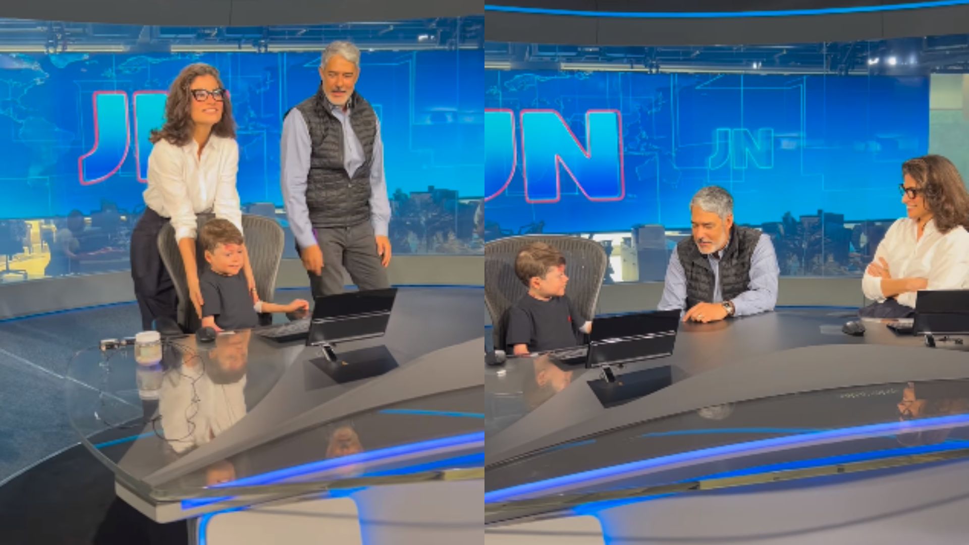 Renata Vasconcellos, William Bonner e Guilherme Gandra no est&uacute;dio do Jornal Nacional