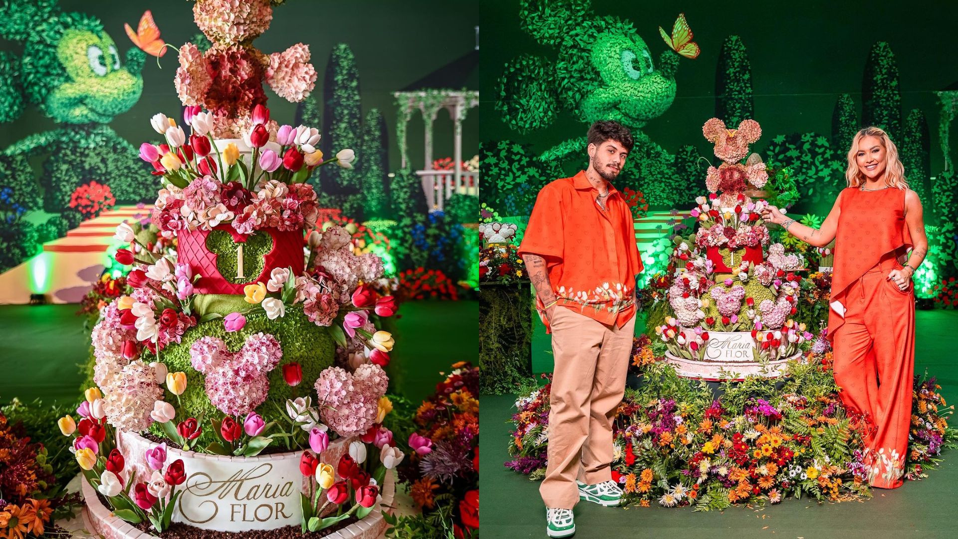 Bolo de festa de anivers&aacute;rio de 1 ano da Maria Flor, no tema Jardim Encantado da Disney, Virginia ao lado do marido Z&eacute; Felipe