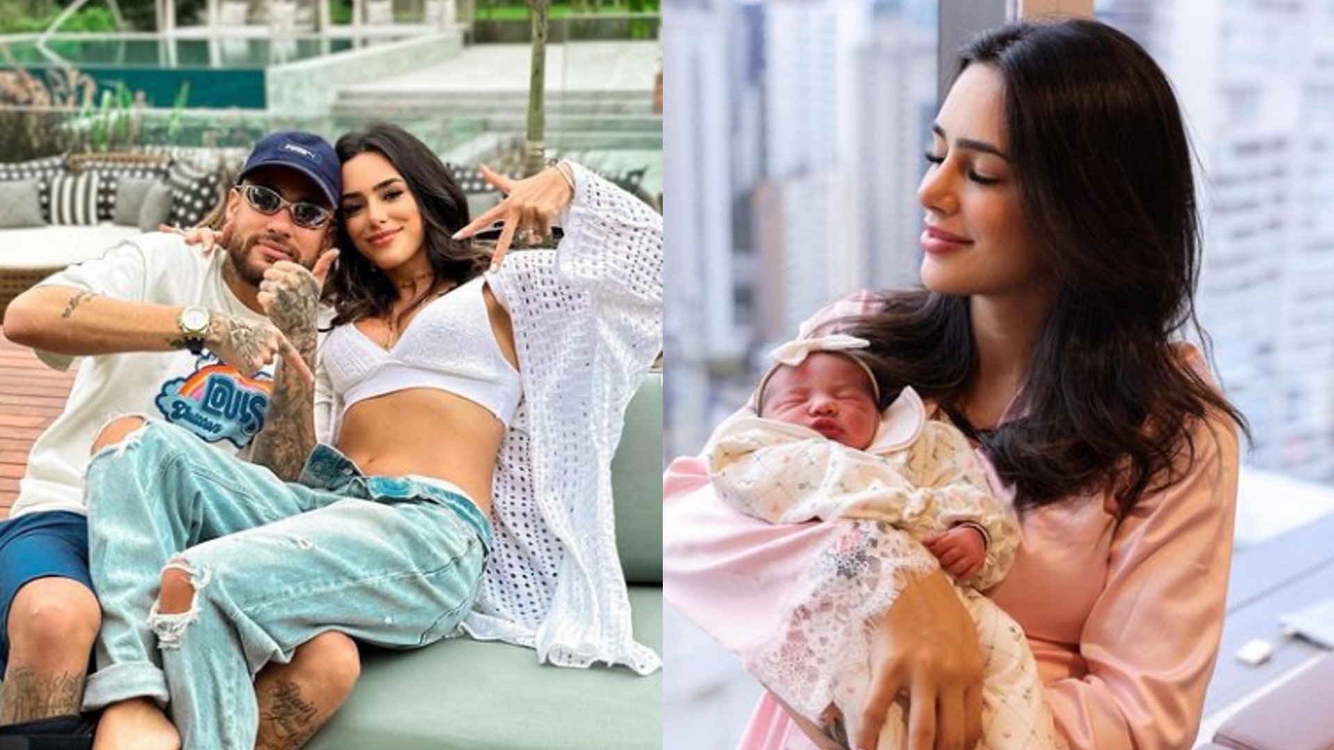 Bruna Biancardi e Neymar sentados juntos e Bruna Biancardi com Mavie no colo na maternidade