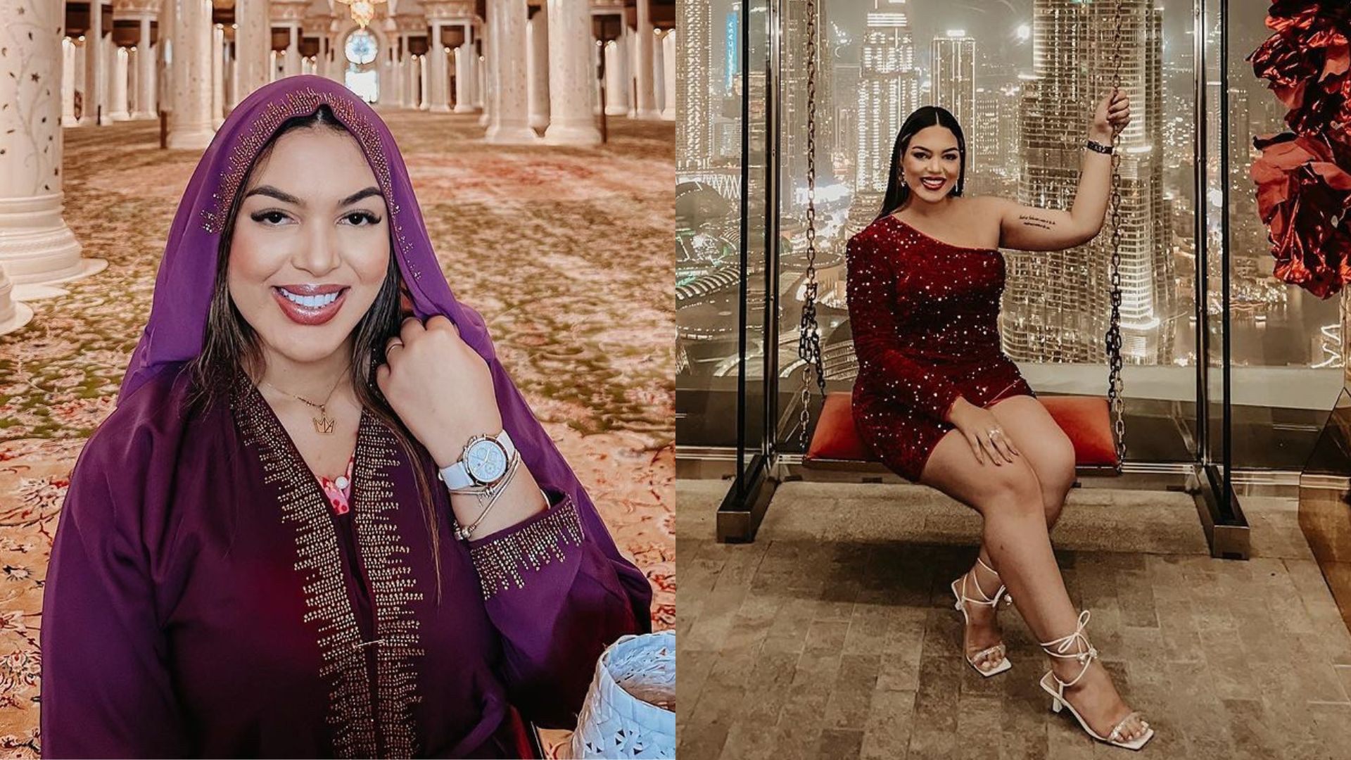 Ingryd Alves, fot&oacute;grafa de fam&iacute;lia que fez o ensaio newborn da filha do Neymar, com len&ccedil;o na cabe&ccedil;a em ambiente &aacute;rabe e de vestido vermelho sentada em um balan&ccedil;o rodeado por flores