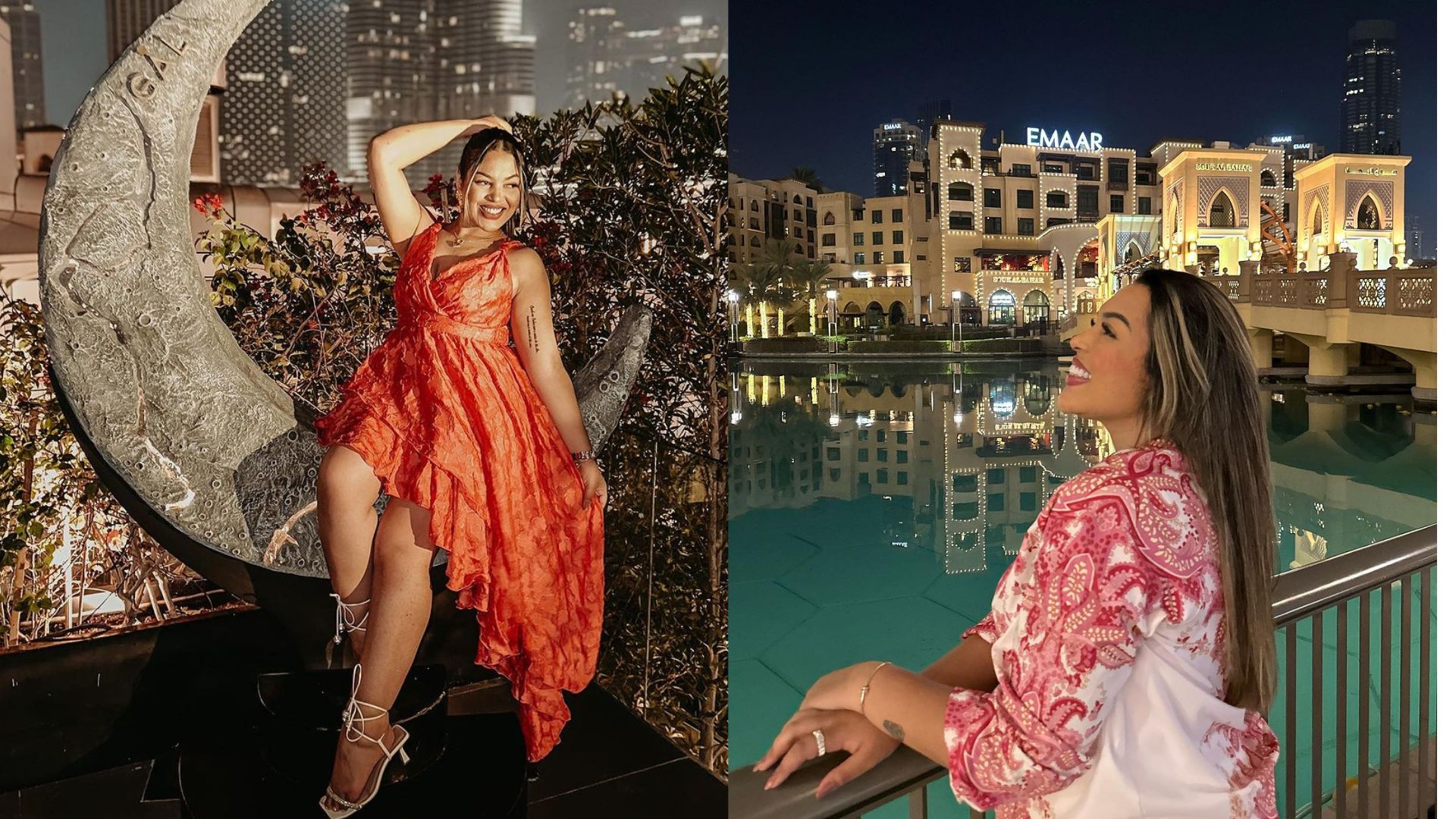 Ingryd Alves, fot&oacute;grafa de fam&iacute;lia que fez o ensaio newborn da filha do Neymar, de vestido vermelho sentada em uma lua cenogr&aacute;fica e de perfil sorrindo em frente a uma paisagem de pr&eacute;dios