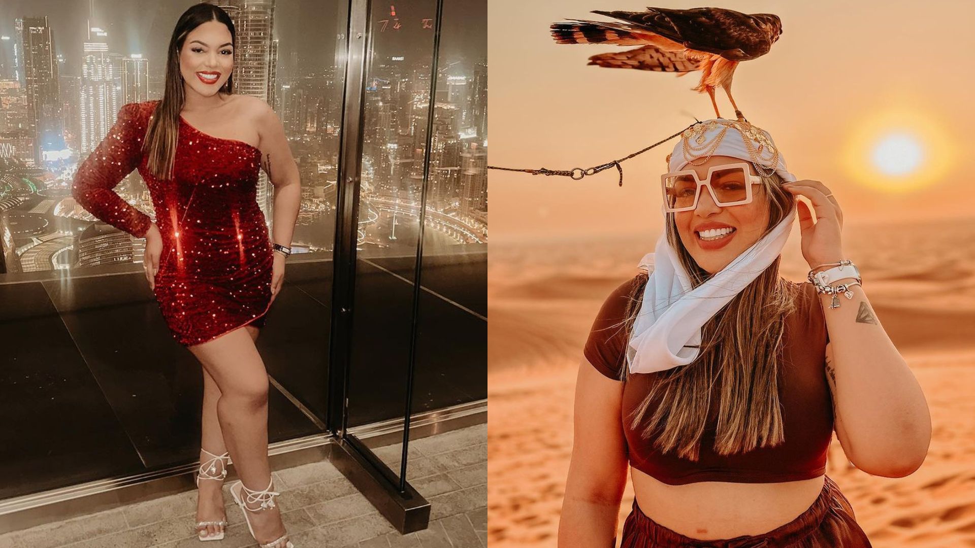 Ingryd Alves, fot&oacute;grafa de fam&iacute;lia que fez o ensaio newborn da filha do Neymar em p&eacute; de vestido vermelho e de len&ccedil;o na cabe&ccedil;a e &oacute;culos de sol com um falc&atilde;o na cabe&ccedil;a