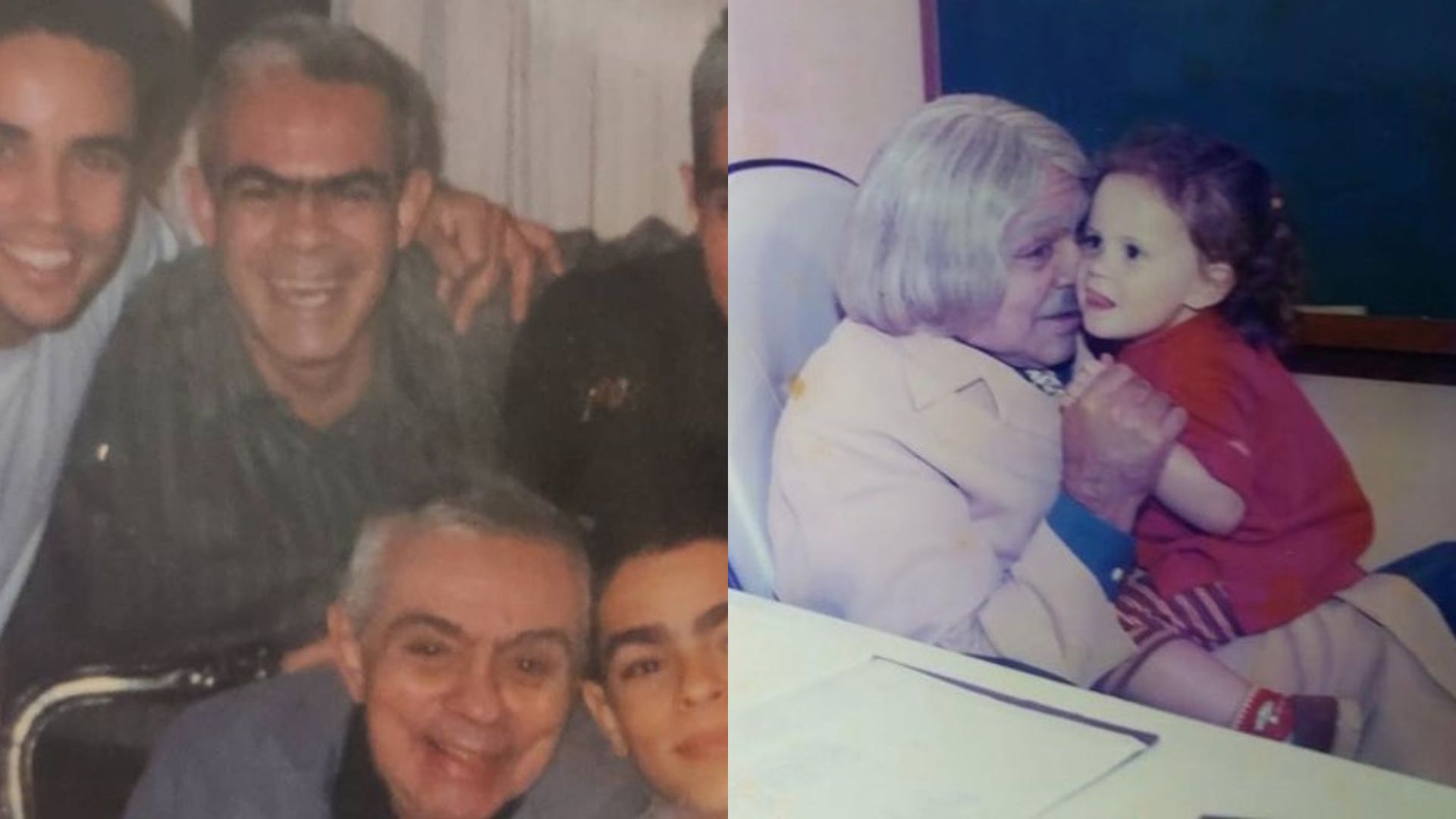 Lug de Paula ao lado do pai Chico Anysio. Chico Anysio caracterizado como Professor Raimundo, com a neta Lu&iacute;sa P&eacute;riss&eacute; no colo, quando crian&ccedil;a