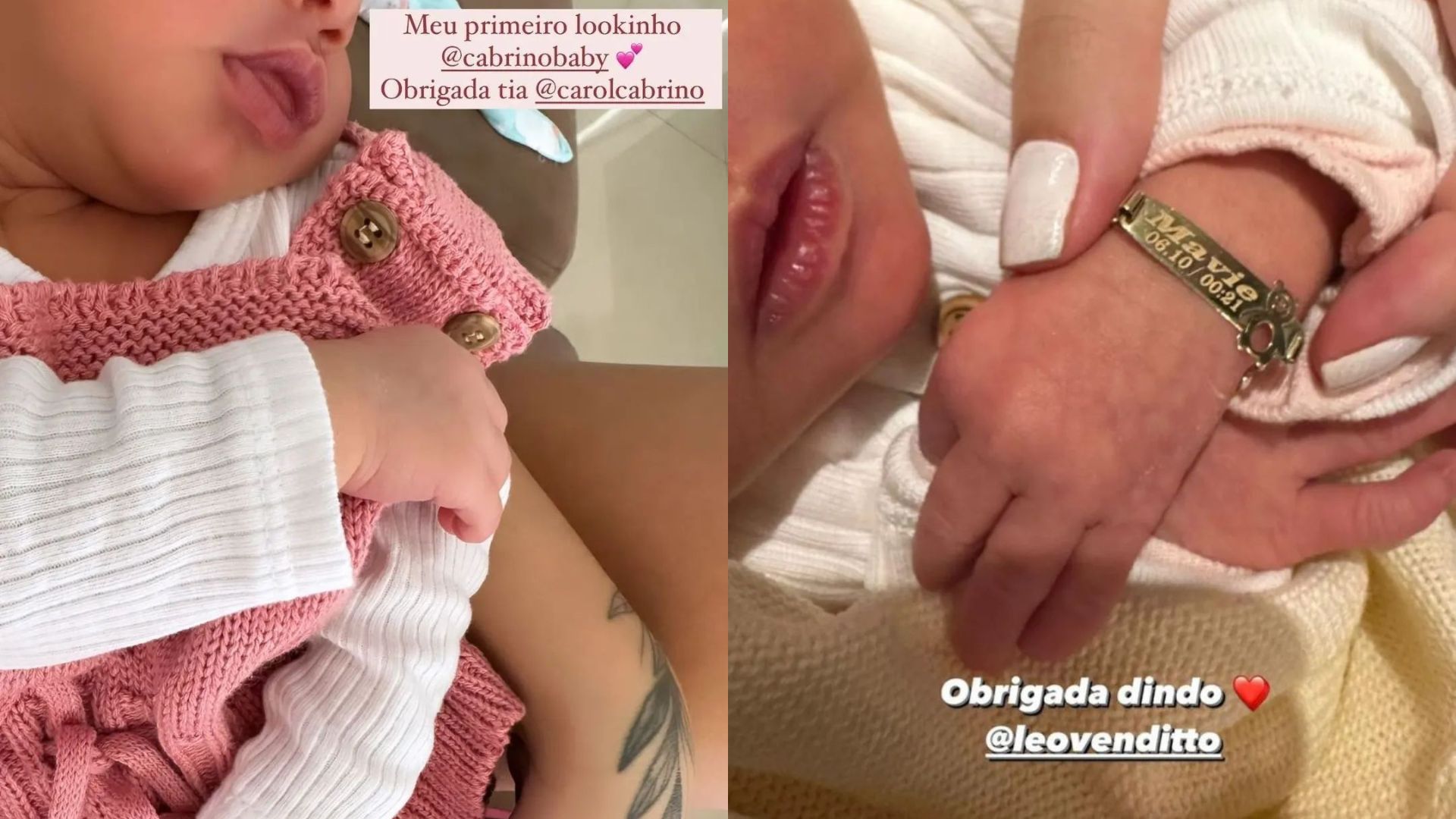 Mavie, filha de Neymar e Bruna Biancardi, com roupa dada por Carol Cabrino, esposa do jogador de futebol Marquinhos, e pulseira de ouro dada pelo padrinho, o empres&aacute;rio Leo Venditto