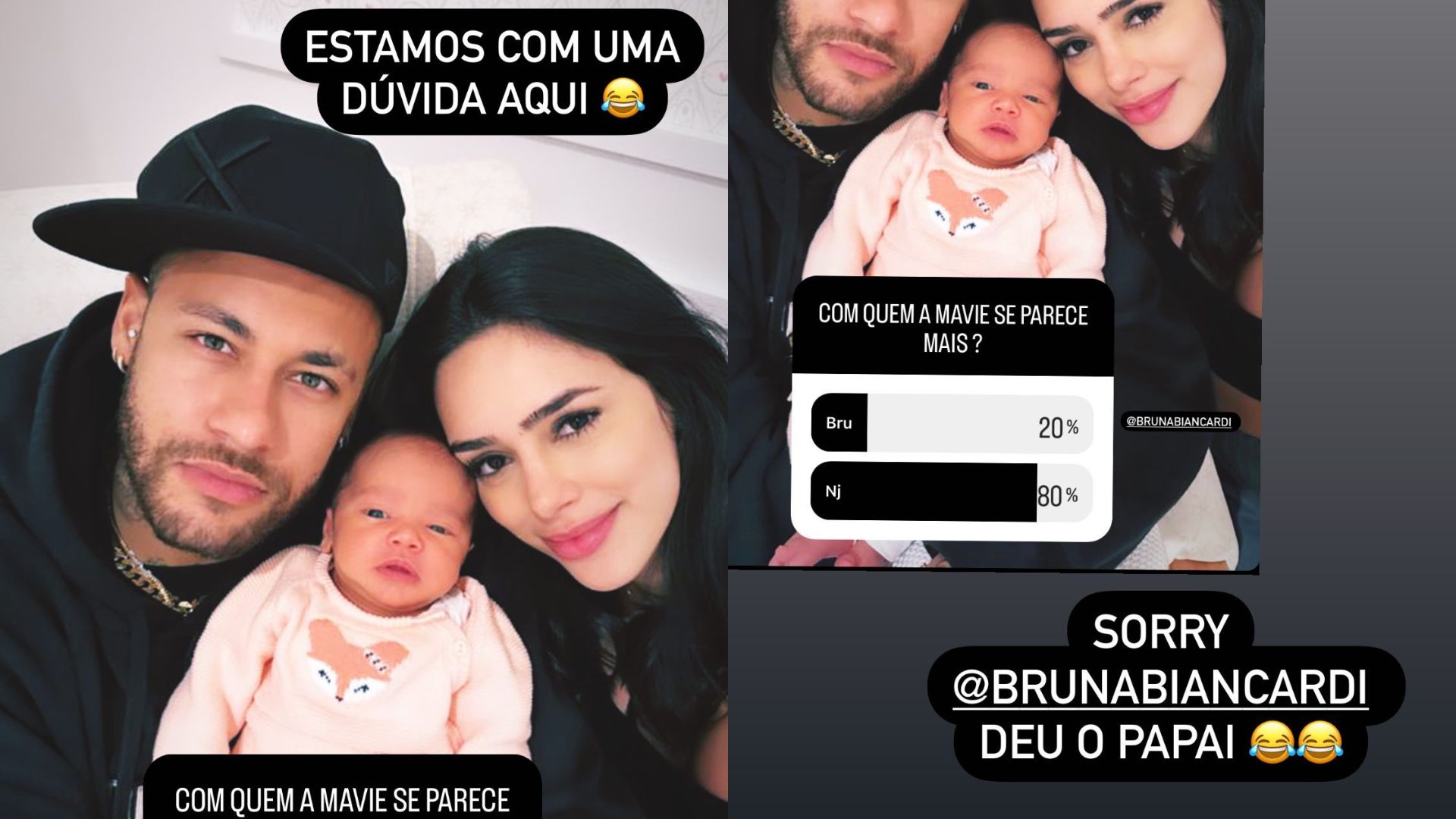 Neymar ao lado de Mavie e Bruna Biancardi com enquete sobre com quem a beb&ecirc; se parece mais