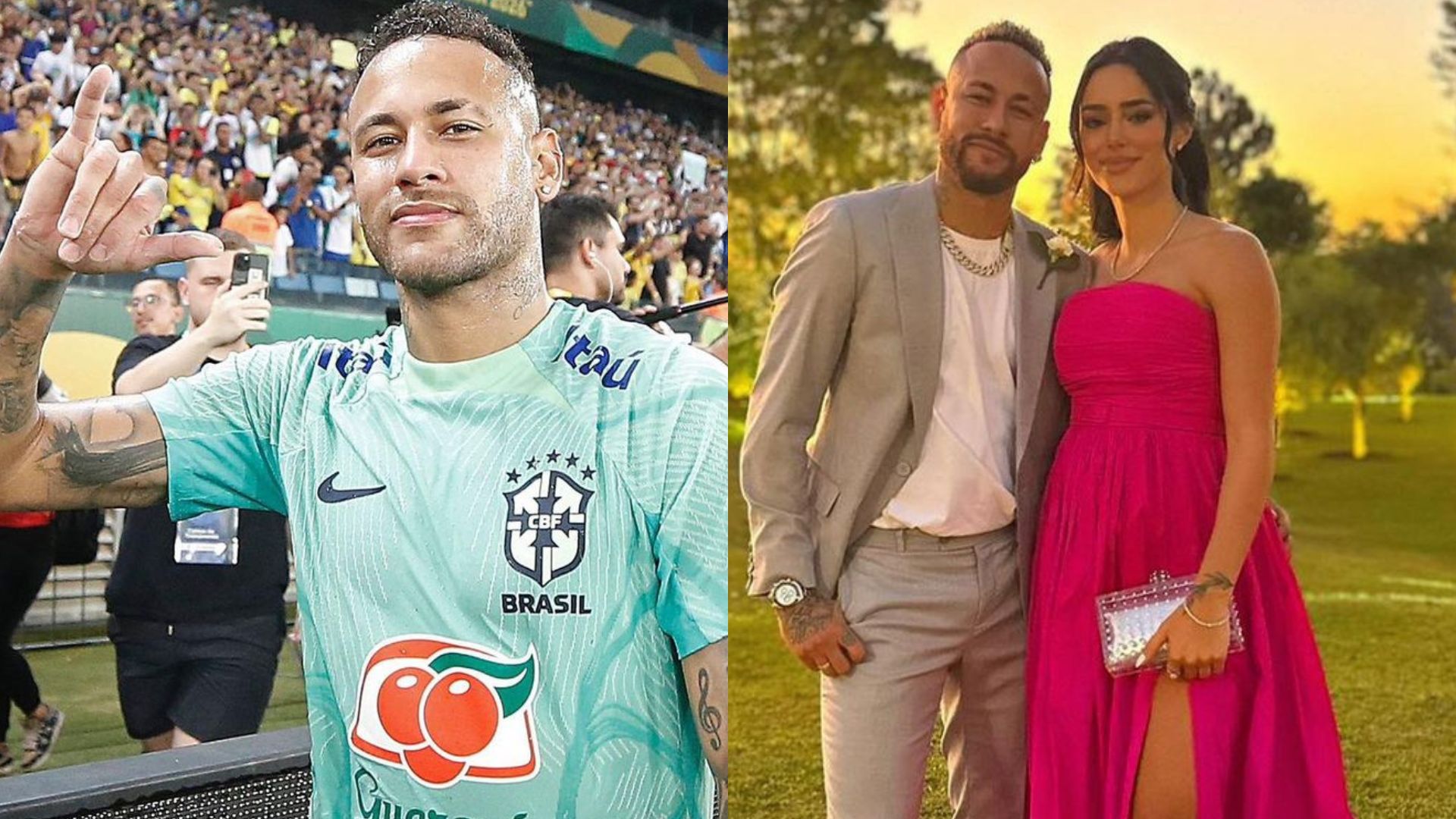 Neymar com a camiseta da Sele&ccedil;&atilde;o Brasileira fazendo sinal de hangloose com as m&atilde;os e ao lado com a influenciadora digital Bruna Biancardi