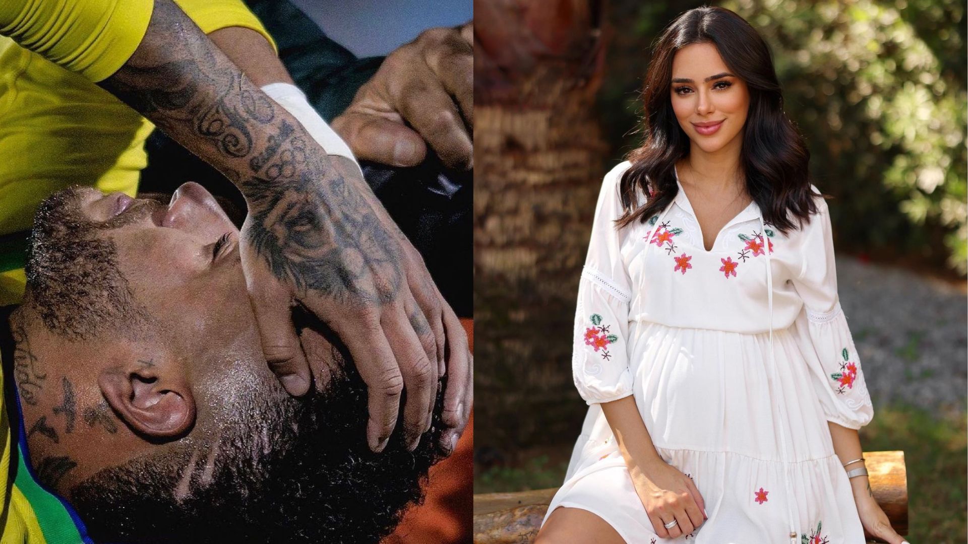 Neymar deitado em gramado de jogo da Sele&ccedil;&atilde;o Brasileira com as m&atilde;os na cabe&ccedil;a e Bruna Biancardi de vestido branco com flores vermelhas