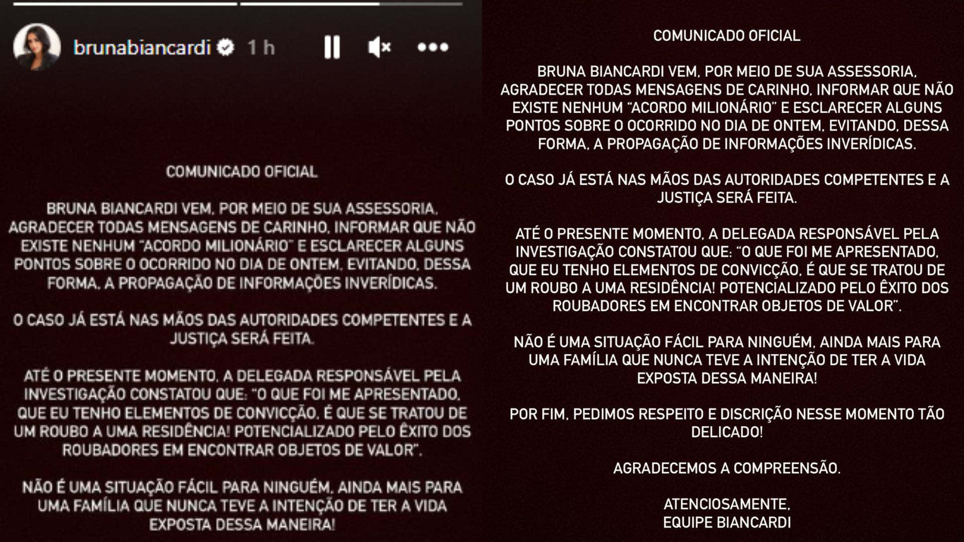 Comunicado oficial de Bruna Biancardi sobre assalto &agrave; casa de Edson e Telma, seus pais