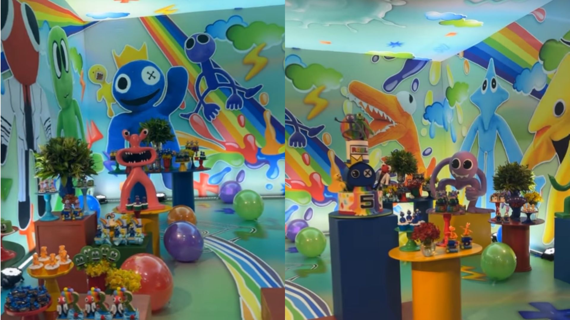 Decora&ccedil;&atilde;o de Rainbox Friends da festa de anivers&aacute;rio do filho da Isis Valverde