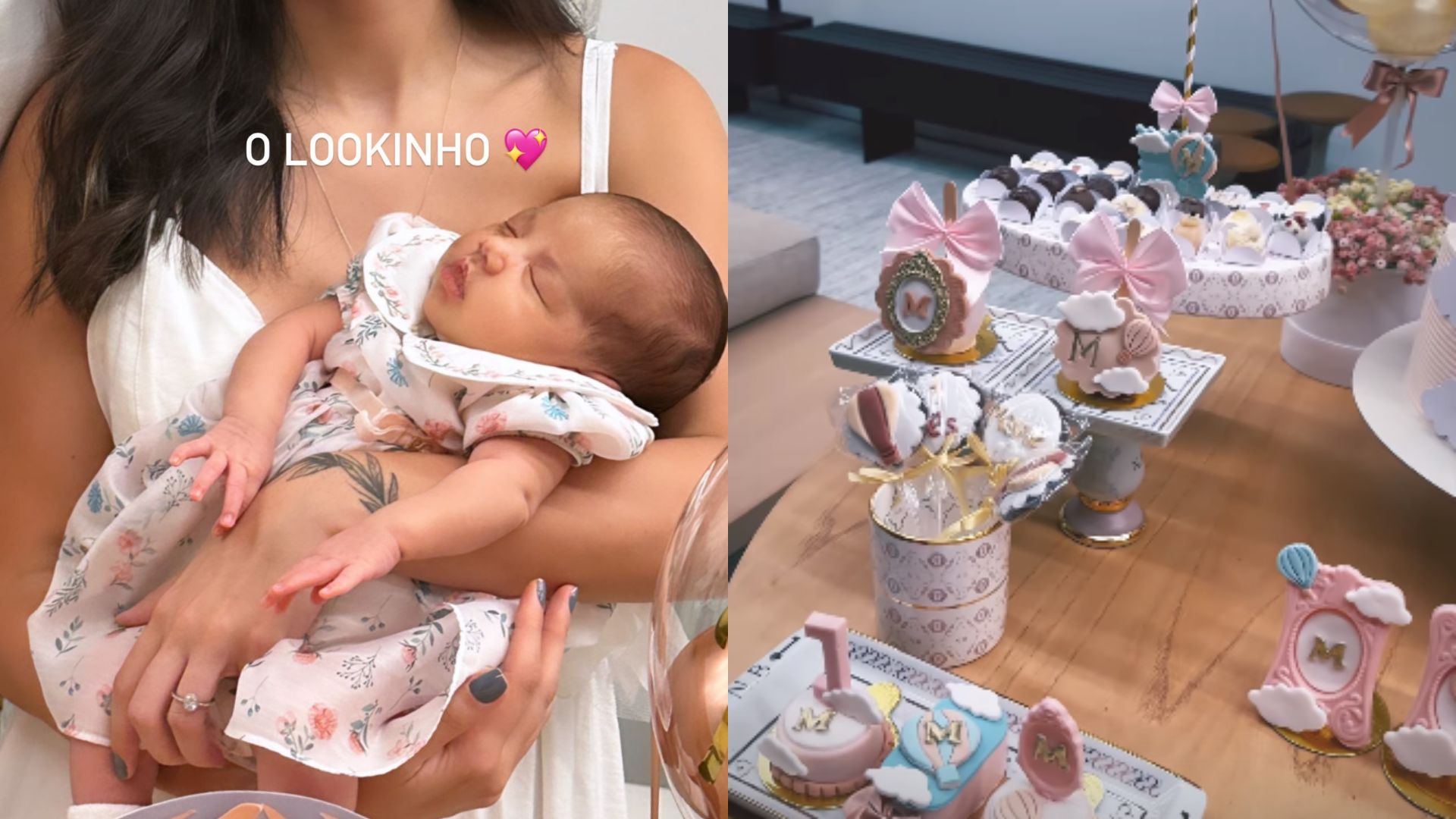 Bruna Biancardi com Mavie, sua filha com Neymar, no colo e a mesa de decora&ccedil;&atilde;o da festa do primeiro m&ecirc;s da beb&ecirc;