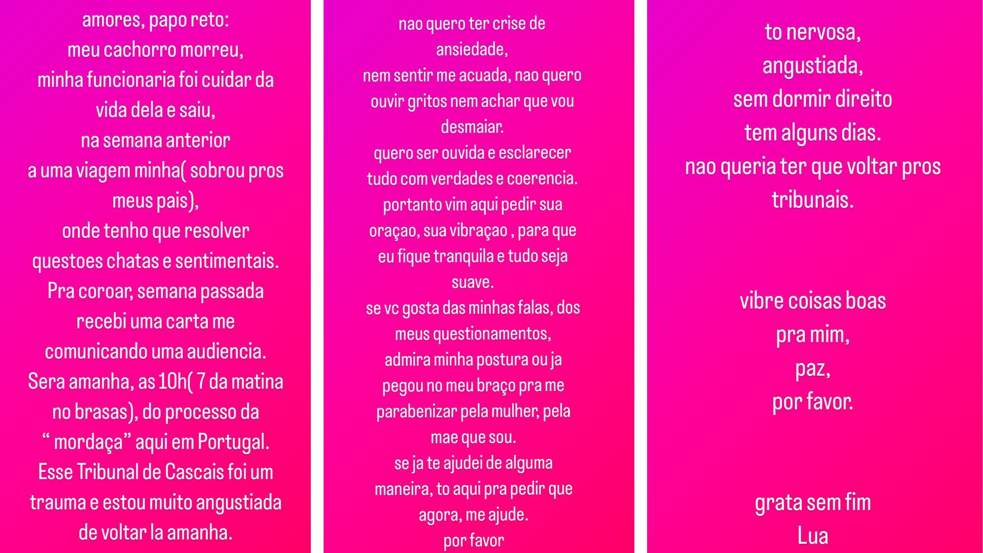 Stories de Luana Piovani falando sobre a a&ccedil;&atilde;o de Pedro Scooby contra ela