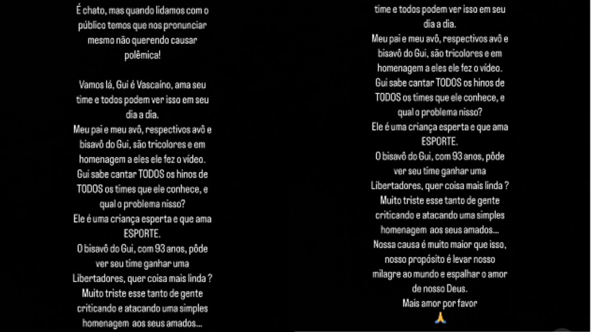 Story de Tayane Gandra, m&atilde;e de Guilherme, o 'Pequeno Gui'