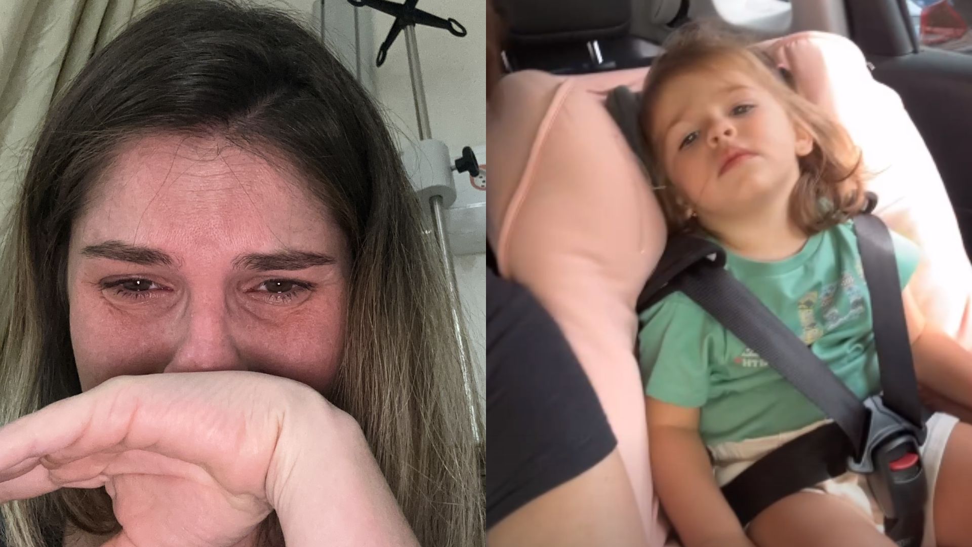 B&aacute;rbara Evans chorando e Ayla, sua filha, voltando do hospital onde foi submetida &agrave; cirurgia de emerg&ecirc;ncia