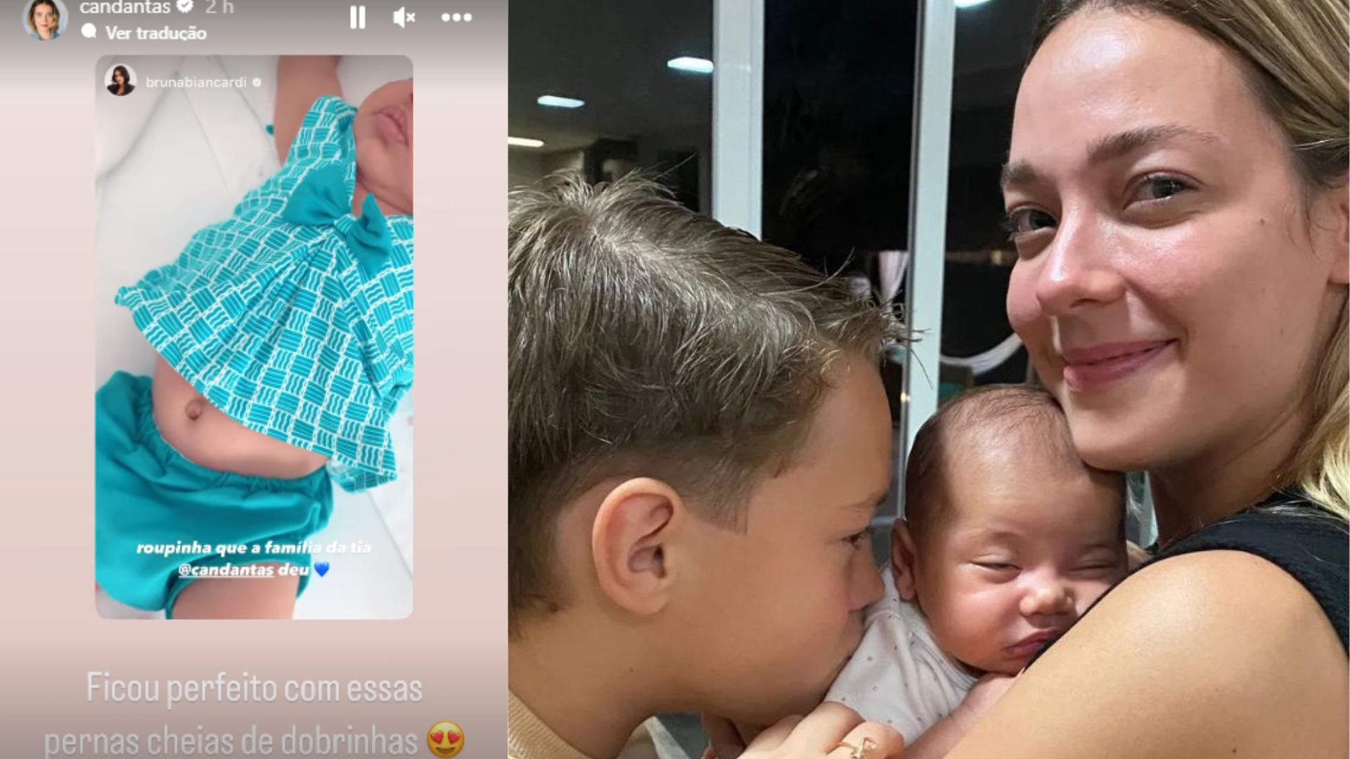 Storie de Bruna Biancardi onde mostra Mavie usando roupa dada por Carol Dantas, que aparece segurando a beb&ecirc;, que recebe um beijo na bochecha do irm&atilde;o mais velho, Davi Lucca