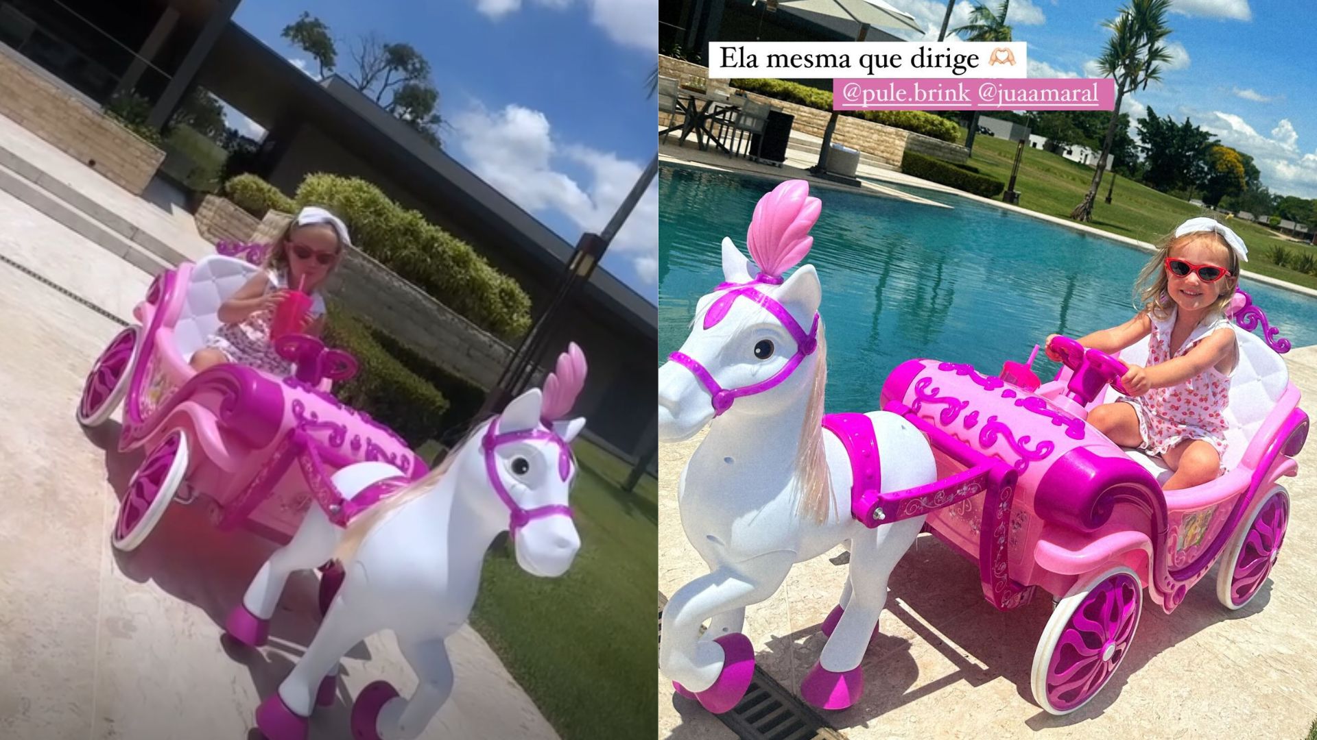 Vicky Siebert Justus andando de carruagem de brinquedo cor-de-rosa