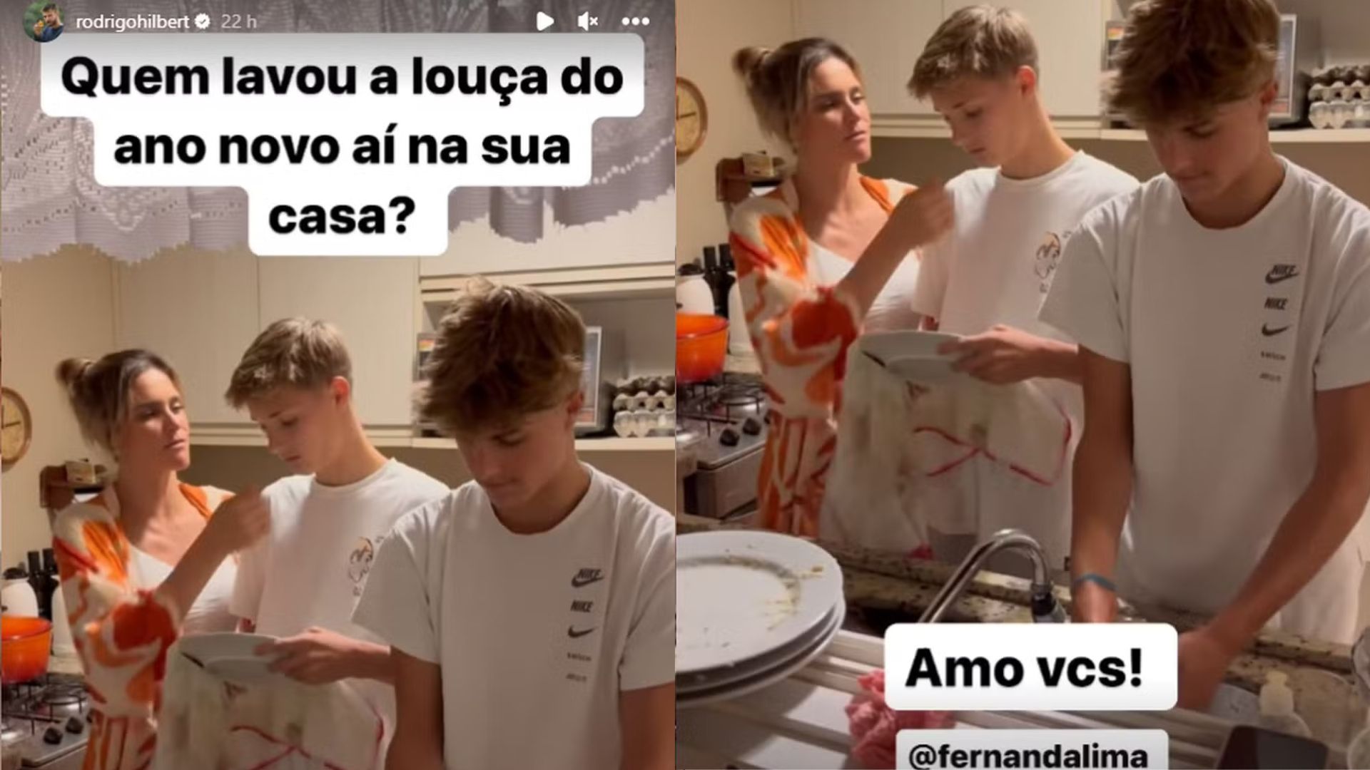 Storie de Rodrigo Hilbert mostrando os filhos g&ecirc;meos Jo&atilde;o e Francisco lavando a lou&ccedil;a ao lado da m&atilde;e Fernanda Lima