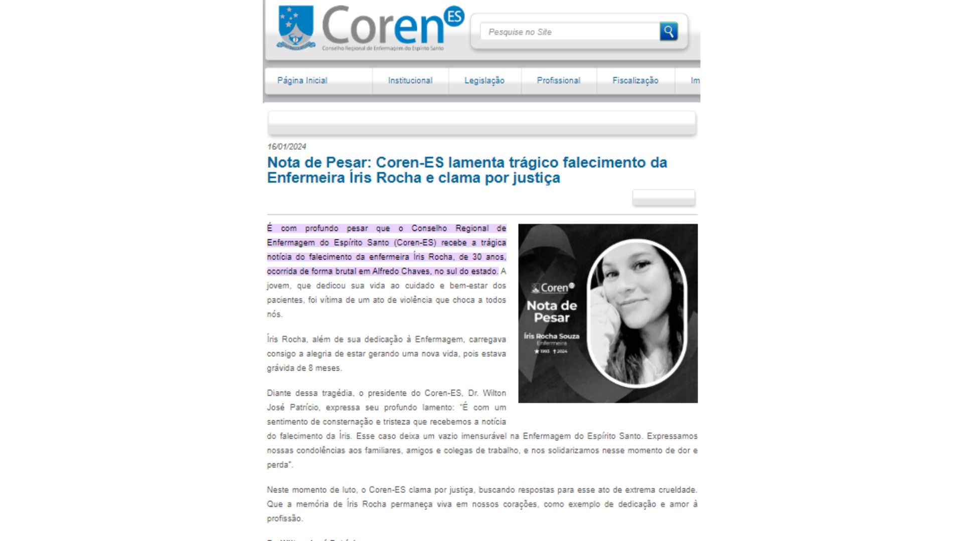 Nota de pesar do Conselho Regional de Enfermagem do Esp&iacute;rito Santo sobre morte de &Iacute;ris Rocha