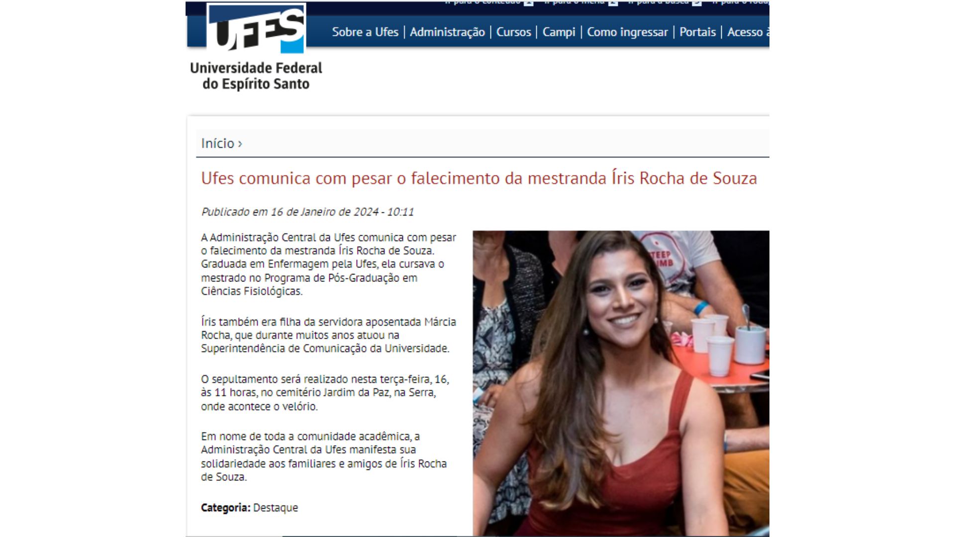 Nota de pesar da Universidade Federal do Esp&iacute;rito Santo sobre o falecimento de &Iacute;ris Rocha