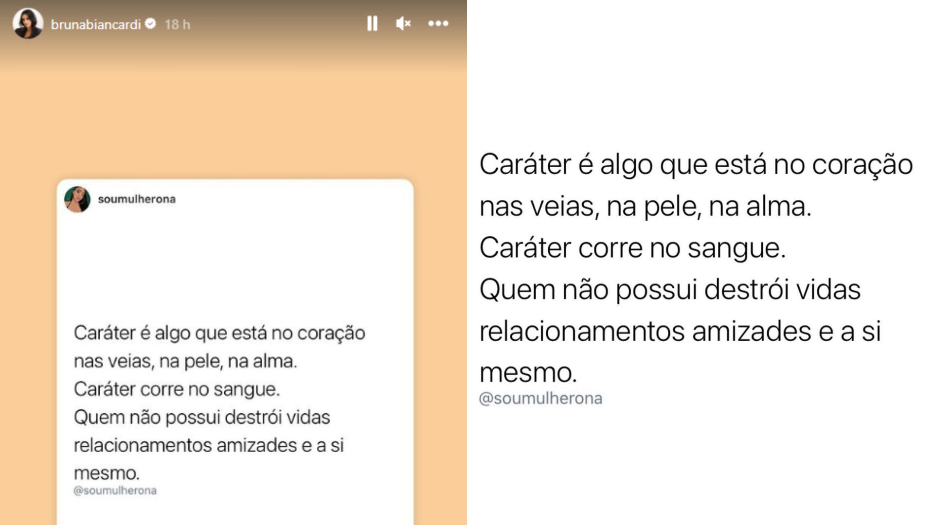 Stories de Bruna Biancardi refletindo sobre car&aacute;ter