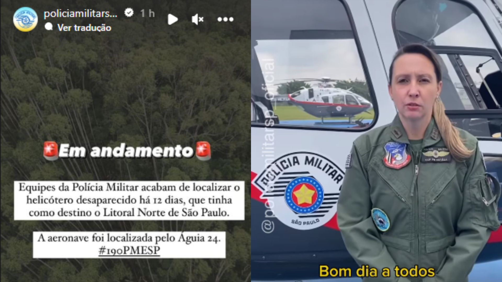 Stories da Pol&iacute;cia Militar de S&atilde;o Paulo sobre o helic&oacute;ptero que ficou desaparecido por 12 dias