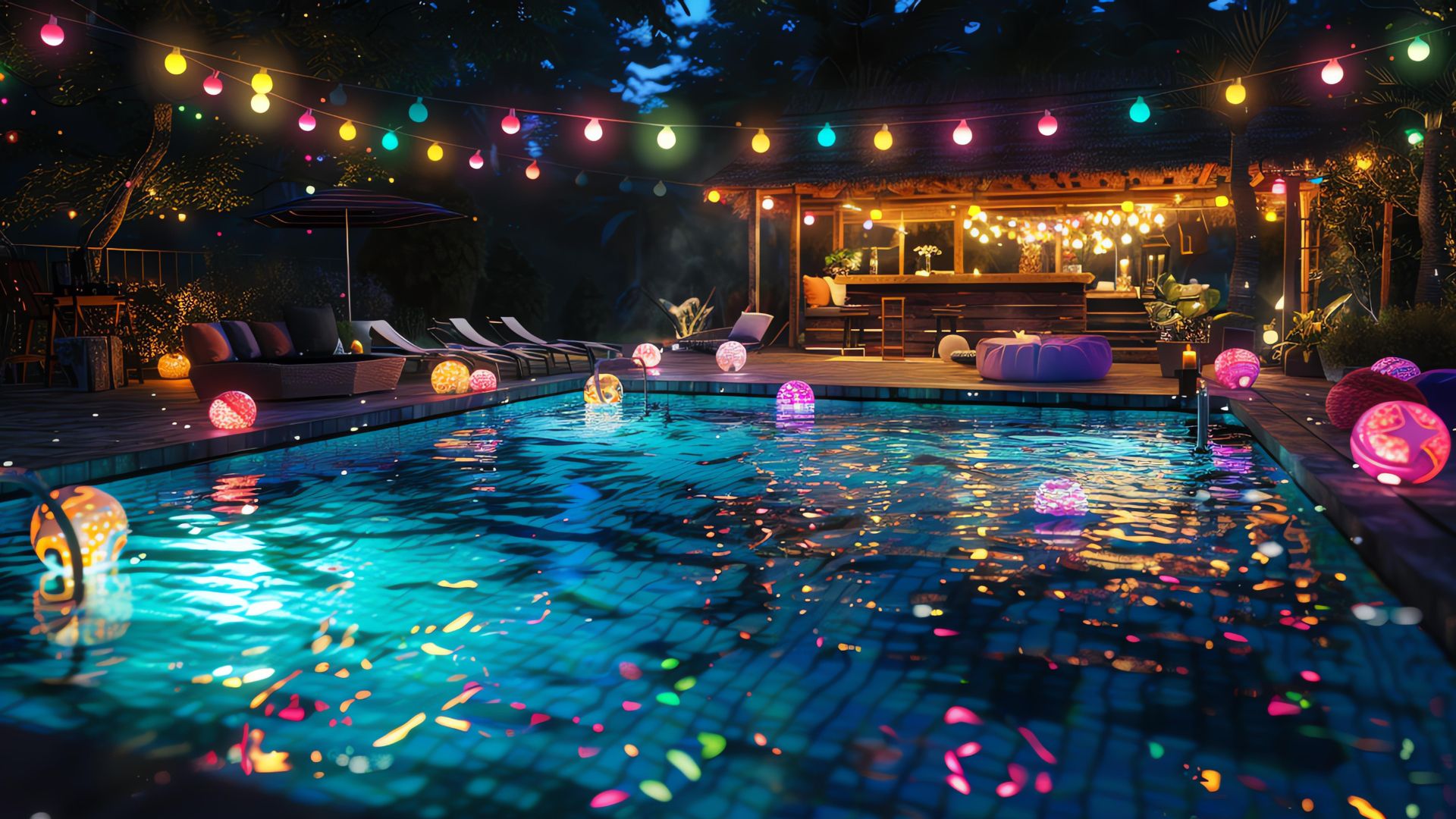 piscina a noite com luzes e boias