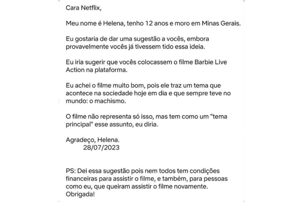 Carta menina Netflix, menina escreve carta para Netflix, menina pede pra Netflix colocar Barbie no catálogo