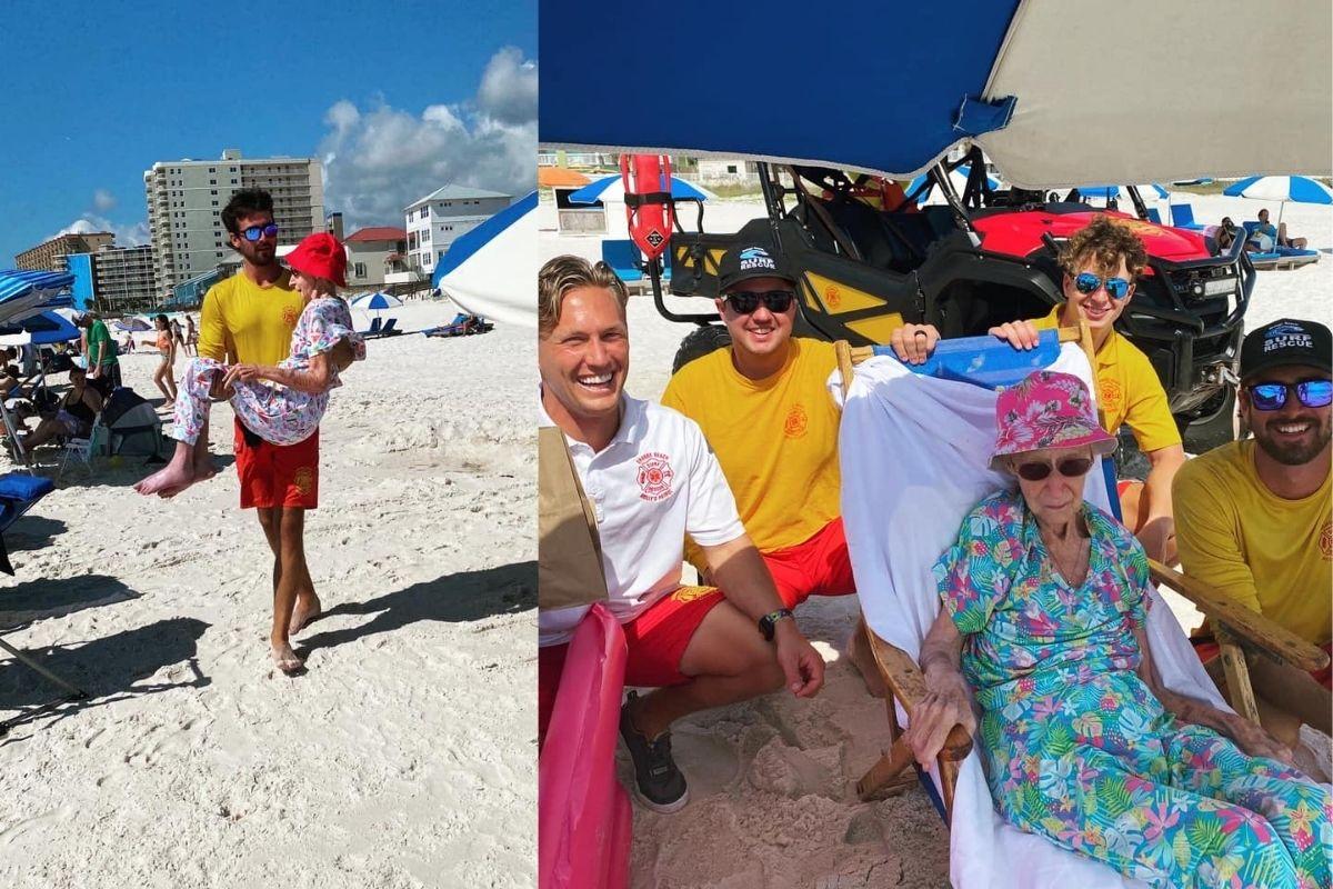 Salva-vidas ajudando senhora de 95 anos na praia