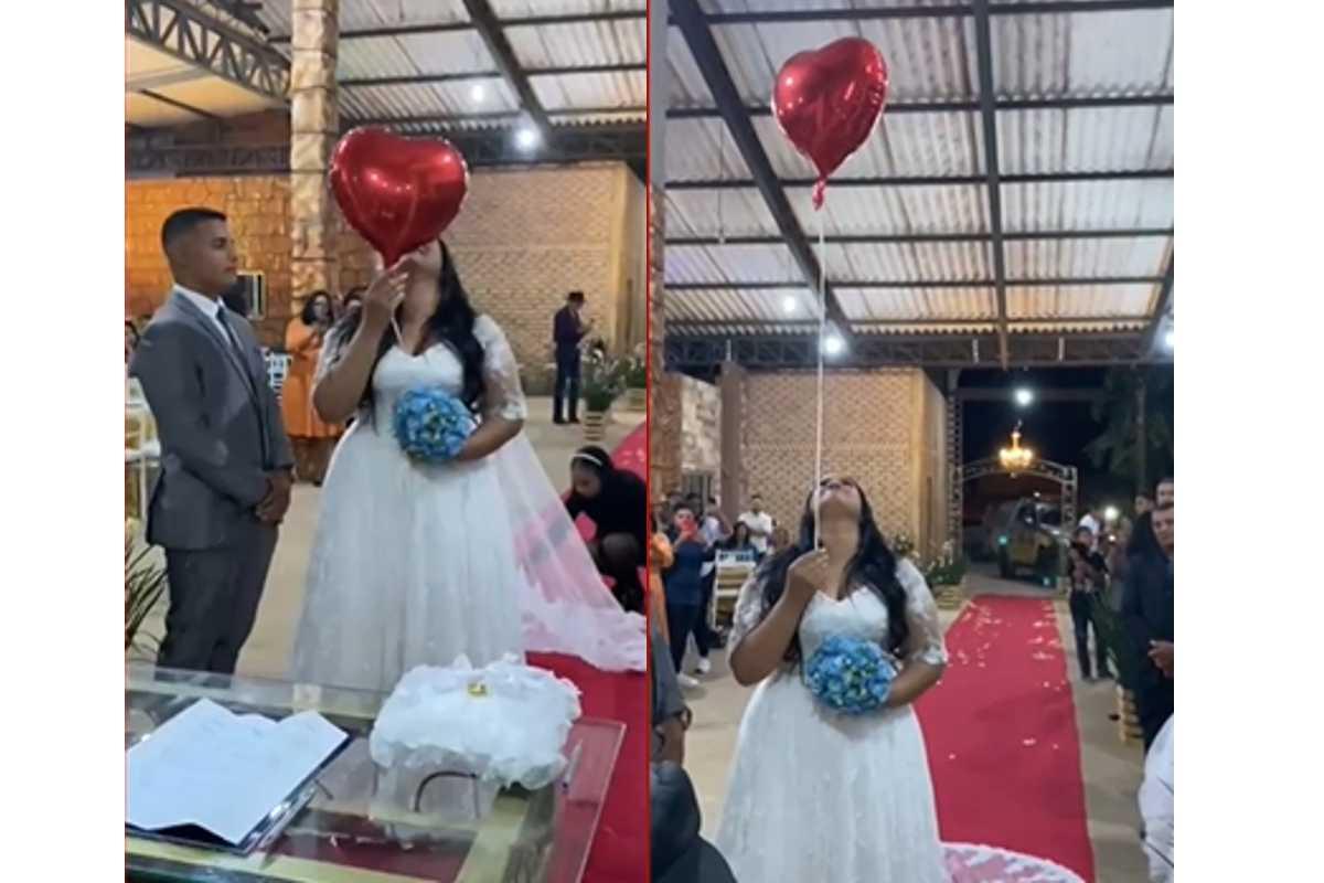 Uma noiva levou um balão de coração para o altar em homenagem à mãe, que faleceu após complicações da covid-19